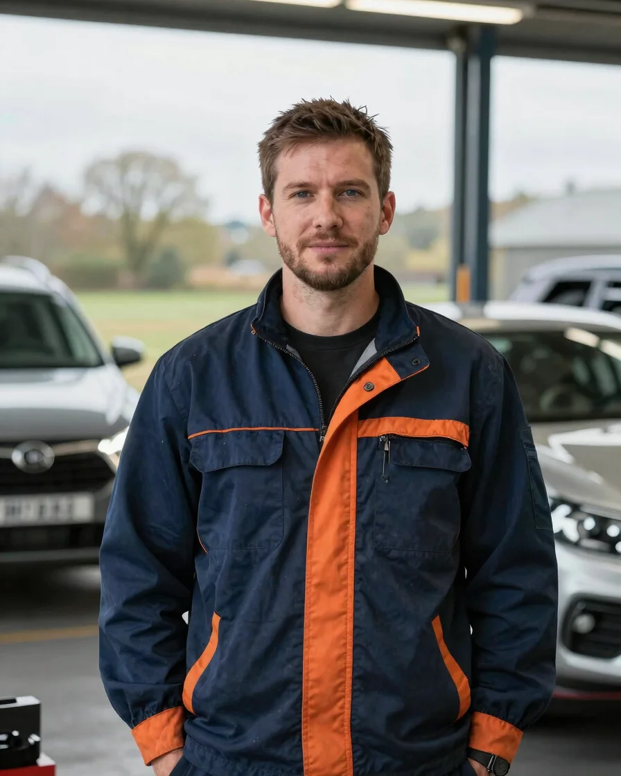 Genuine portrait of a UK EV technician at ease in a daytime works