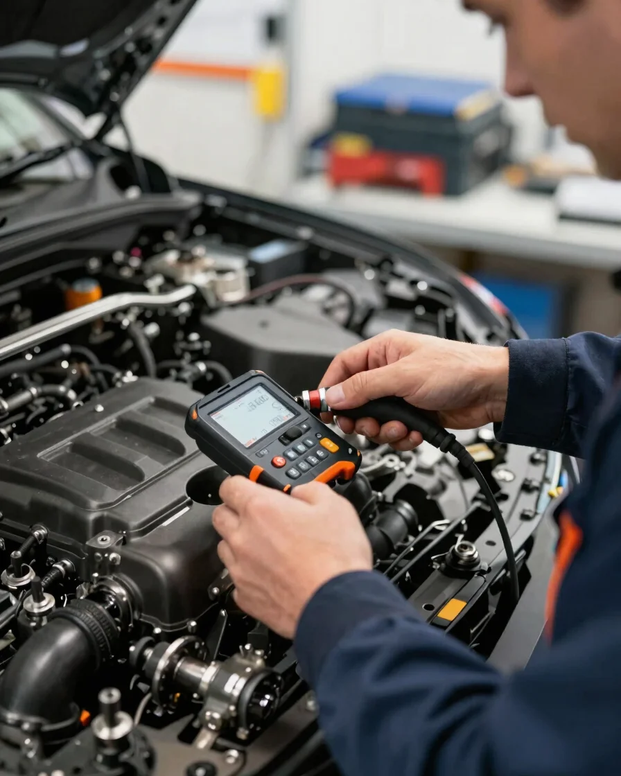 Close-up editorial photograph of a UK motor engineer examining a