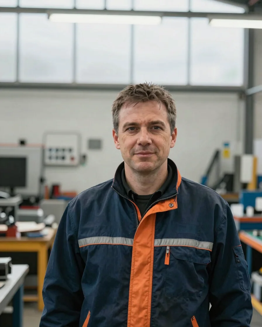 Genuine portrait of a UK automotive engineer in a clean, ordinary