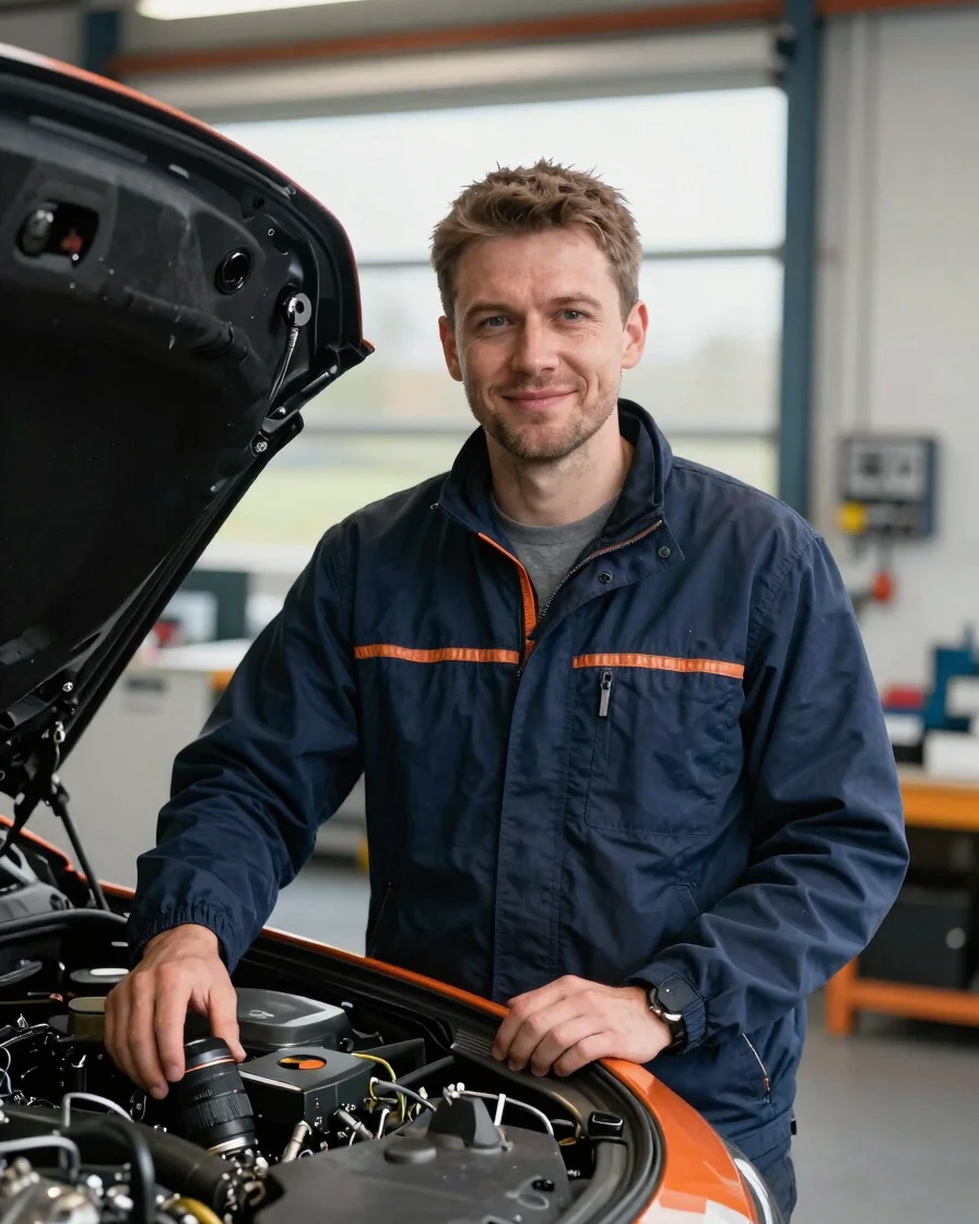 Genuine portrait of a UK automotive electrical engineer beside a